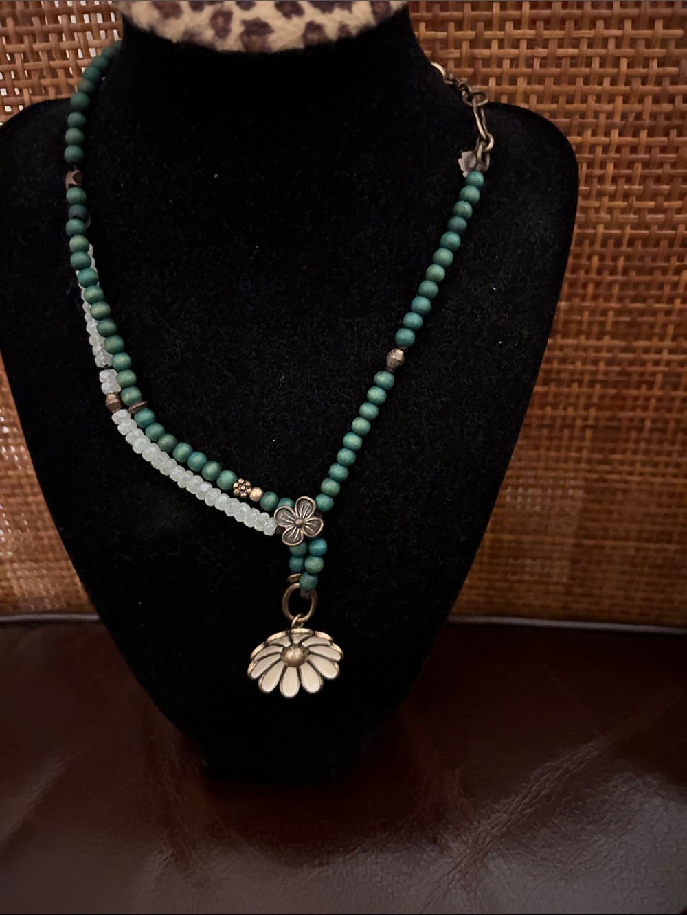 Lucky Brand Green and Aqua Beaded Daisy Pendant Necklace